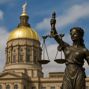 Lady Justice statue in front of the Georgia State Capitol with the gold dome under a partly cloudy sky.