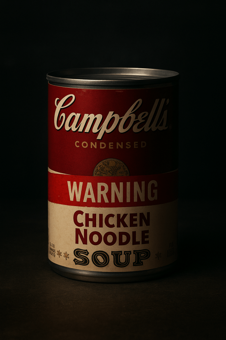A Campbell’s Chicken Noodle Soup can photographed in dramatic low light with a red “Warning” label visible on the front.