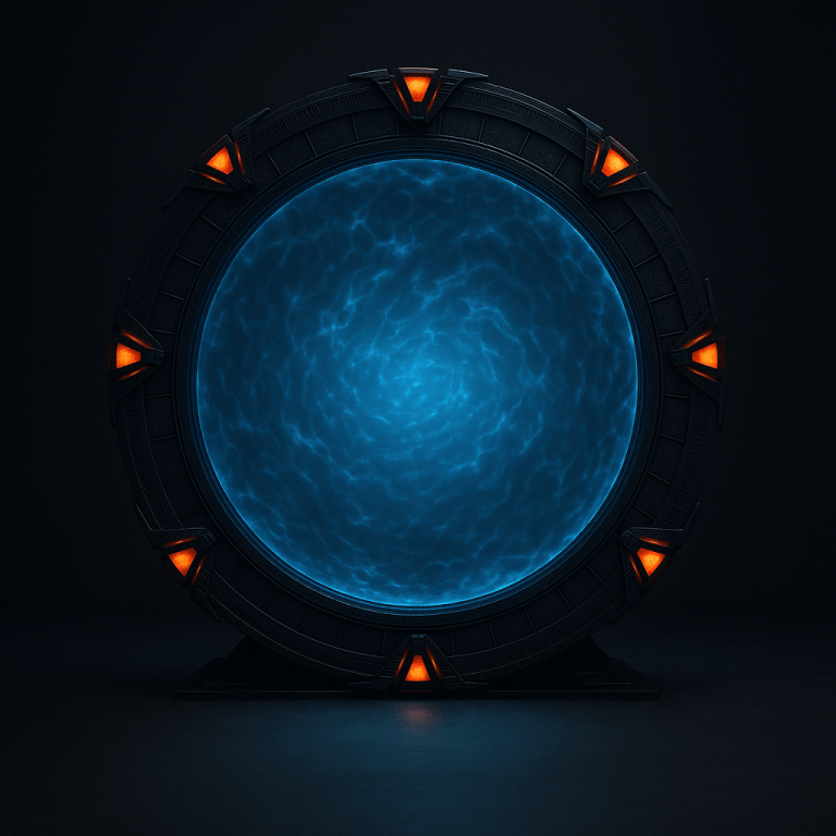 Stargate portal glowing blue with active event horizon in dark studio background