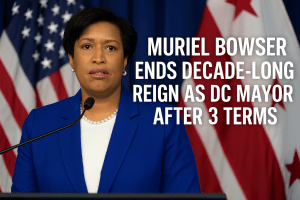 Muriel Bowser speaking at a podium with U.S. and D.C. flags behind her announcing she will not seek a fourth term as Washington, D.C. mayor.