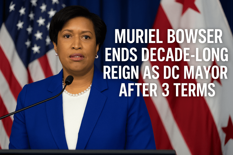 Muriel Bowser speaking at a podium with U.S. and D.C. flags behind her announcing she will not seek a fourth term as Washington, D.C. mayor.