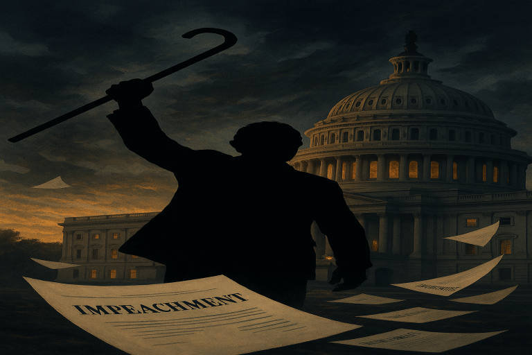 Silhouette of Rep. Al Green raising a cane in front of the U.S. Capitol with impeachment papers scattered, symbolizing his renewed push to impeach President Trump.