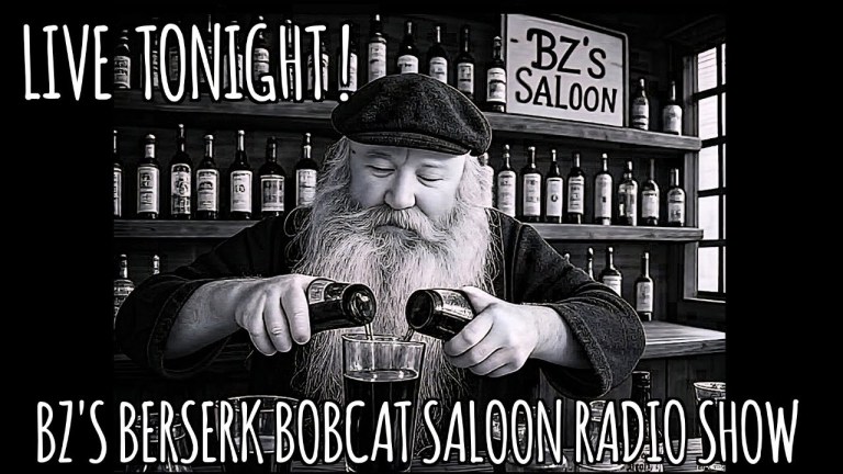 BZ behind the bar pouring two bottles into a glass with the sign “BZ’s Saloon” in the background