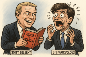 Cartoon showing Scott Bessent reading a Book of Quotes as George Stephanopoulos panics