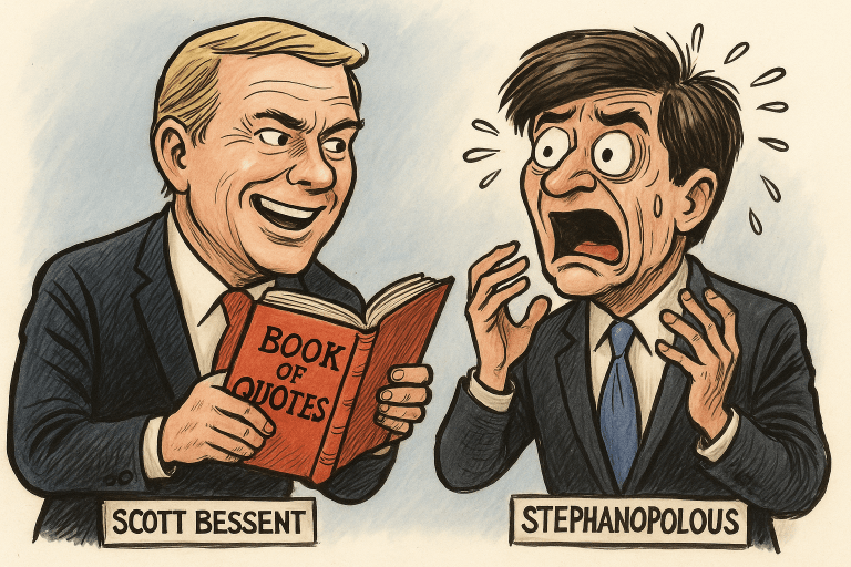 Cartoon showing Scott Bessent reading a Book of Quotes as George Stephanopoulos panics