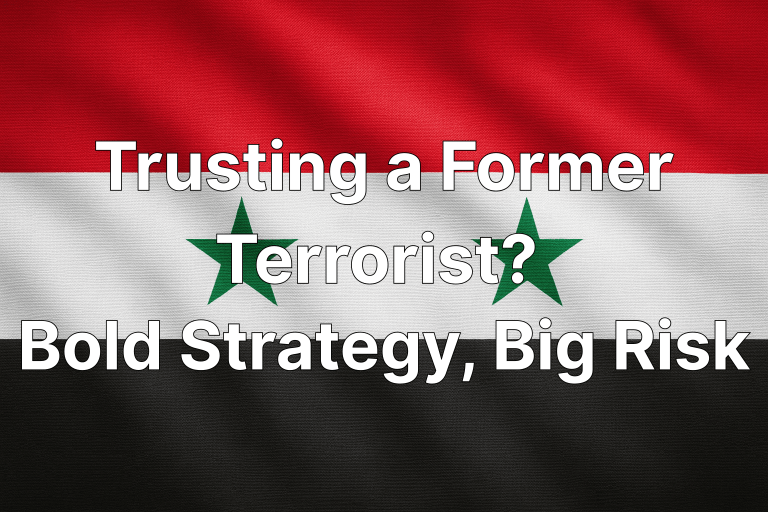 Syrian style flag background with text reading trusting a former terrorist bold strategy big risk