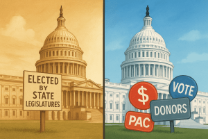 Split illustration of the U.S. Capitol showing a colonial-era Senate elected by state legislatures on the left, and a modern Senate influenced by donors, PACs, and campaign signs on the right.