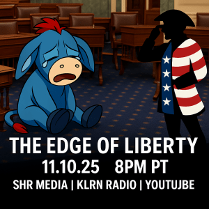 Crying Democrat donkey on Senate floor with patriotic silhouette laughing for The Edge of Liberty show