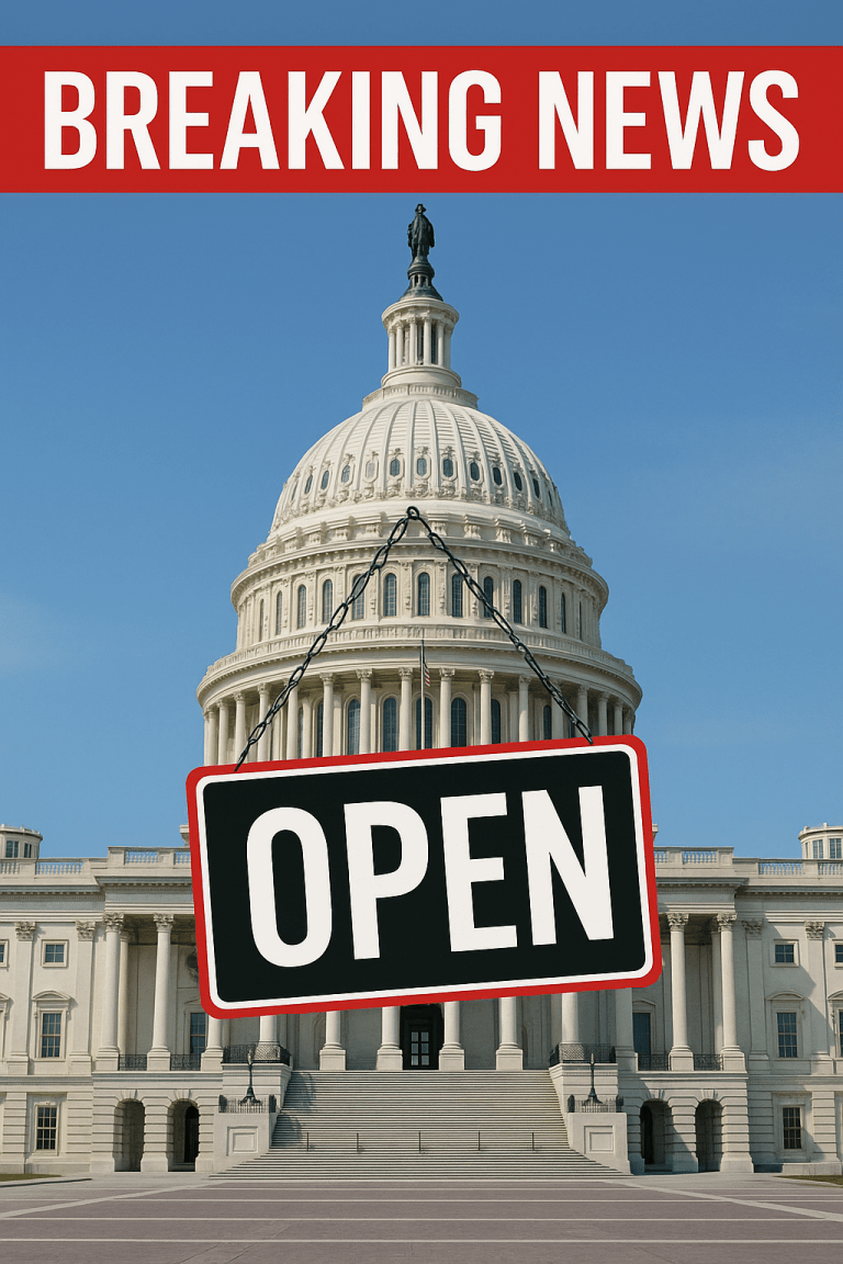 Breaking News banner over the United States Capitol with an OPEN sign hanging in front