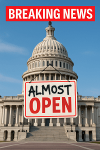 Breaking News banner over the United States Capitol with an ALMOST OPEN sign in front