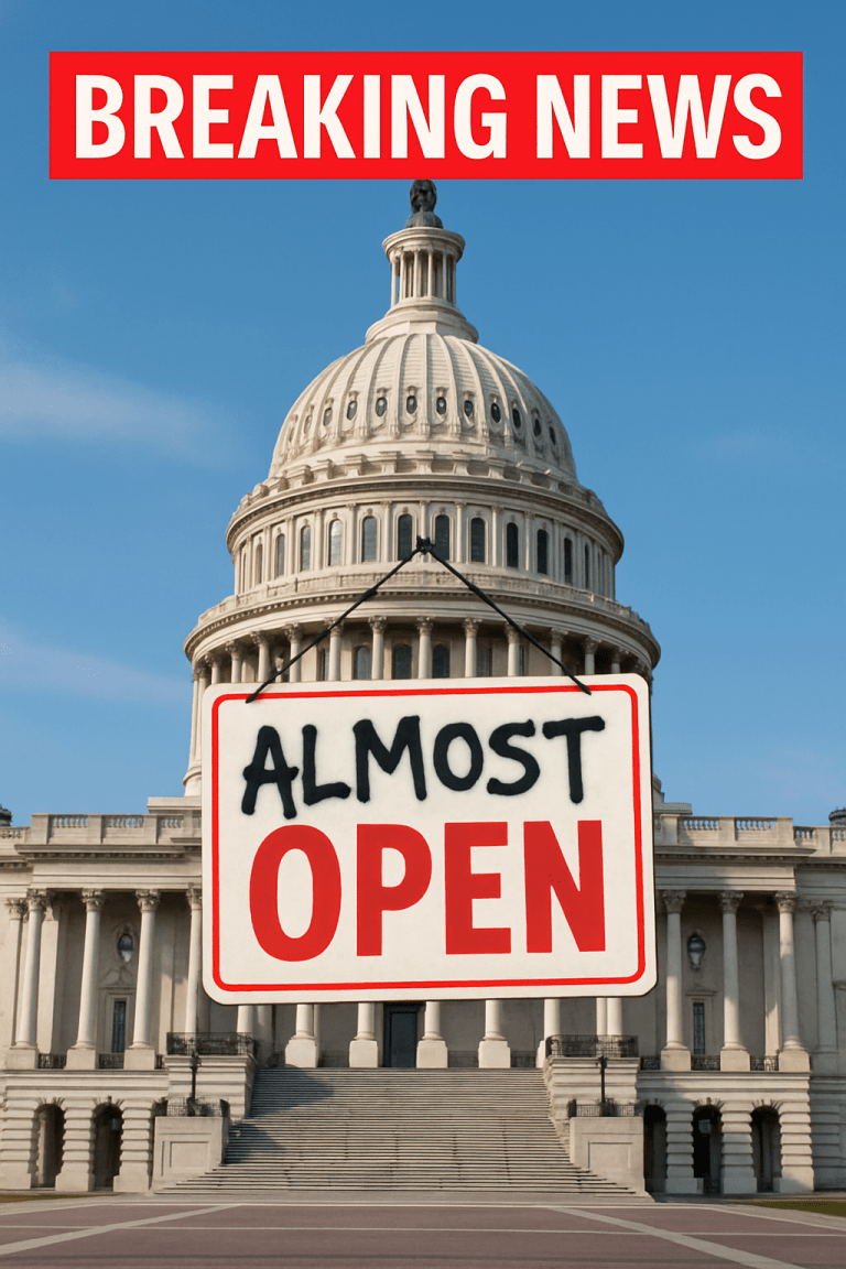 Breaking News banner over the United States Capitol with an ALMOST OPEN sign in front