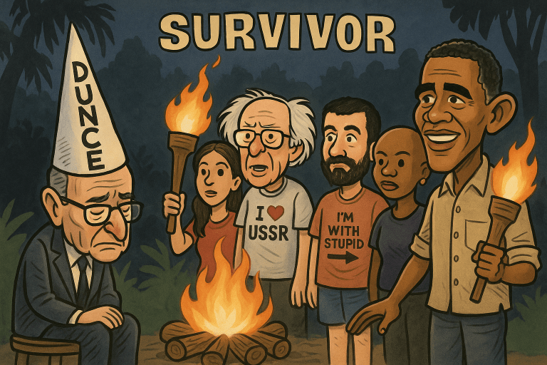 Editorial style cartoon showing an older senator wearing a dunce cap being voted off a Survivor style island by four other political figures with President Obama acting as host