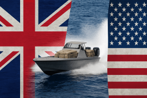 Photo composite showing the United Kingdom flag on the left, the United States flag on the right, and a high-speed drug smuggling boat cutting through the water between them, with the boat’s wake forming a symbolic divide.