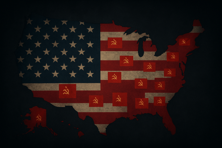 Map of the United States showing an American flag silhouette overlaid with red CCP flags to symbolize Chinese infiltration in America.