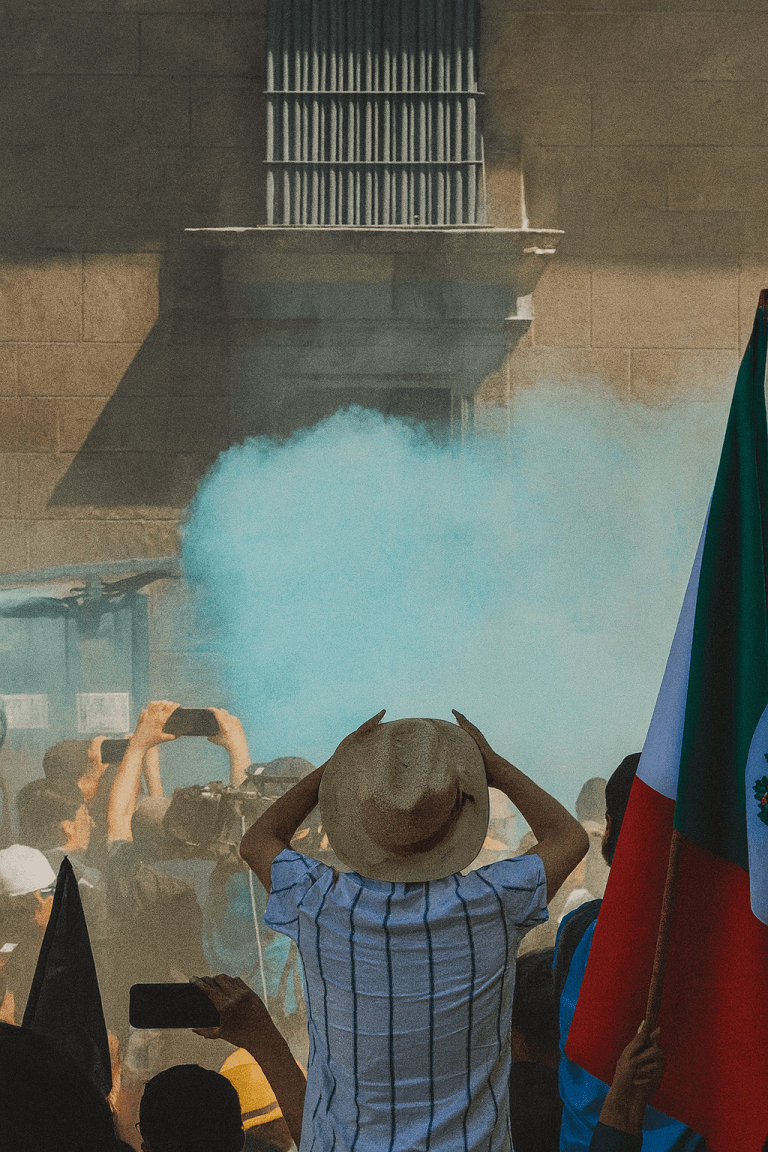 Protesters stand outside Mexico City’s presidential palace as blue tear gas rises, with a person in a straw hat facing the smoke and a Mexican flag visible on the right side.