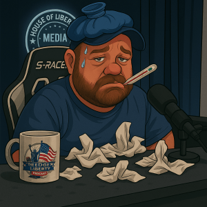 Cartoon image of Sack Head Shaun looking sick with a cold, wearing an ice pack on his head, holding a thermometer, surrounded by tissues, with an Edge of Liberty Podcast mug on the desk.