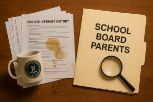 Top down view of an FBI desk with a clean School Board Parents folder and magnifying glass beside coffee stained Crooks Internet History papers and an FBI logo coffee mug.
