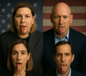 Four political figures in suits standing in front of an American flag backdrop with digitally added forked tongues for satirical effect.