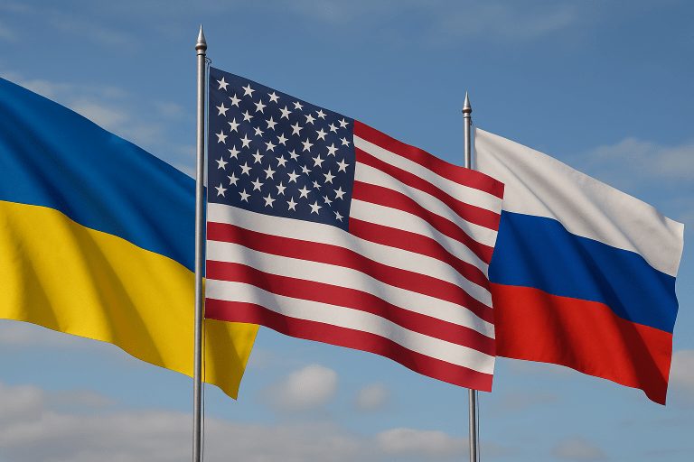 Ukraine flag on the left, United States flag in the center and Russia flag on the right representing the war and the U.S. attempt to mediate peace.