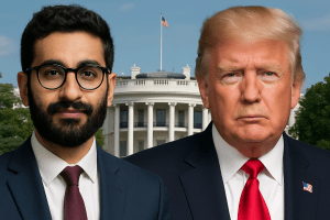 Zohran Mamdani and President Trump positioned on either side of the White House in a composite featured image.
