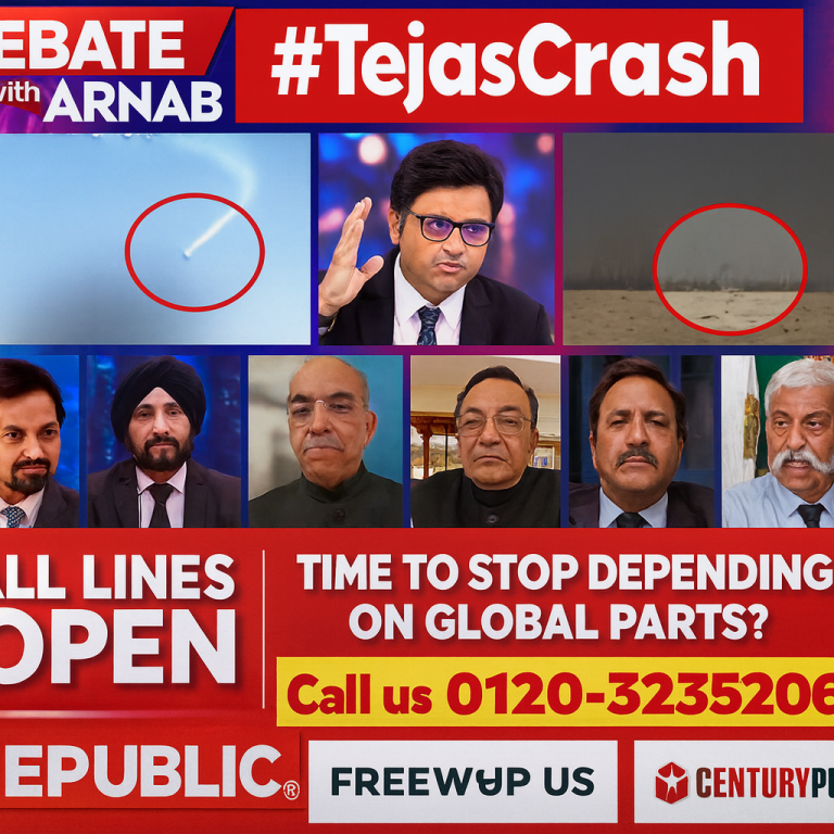 Debate with Arnab panel discussing the Tejas crash with on-screen visuals of the aircraft incident