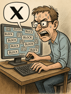 Cartoon of an overwhelmed X user sitting at a computer and frantically clicking block buttons as many foreign bot accounts pop up around him.
