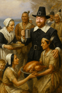 Satirical painting of a Thanksgiving feast with a man resembling Sack Head Shaun in a goofy pilgrim costume trying to fit in with early settlers.
