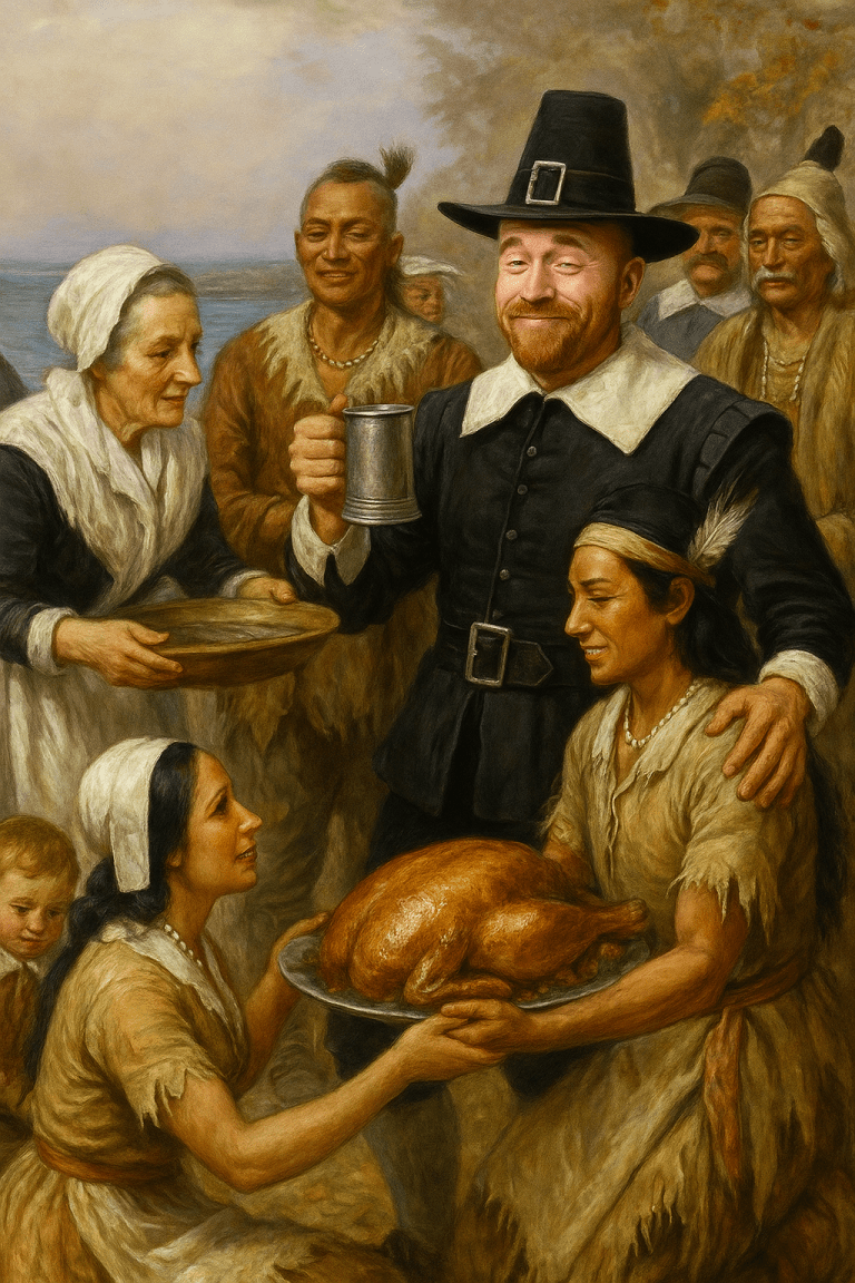 Satirical painting of a Thanksgiving feast with a man resembling Sack Head Shaun in a goofy pilgrim costume trying to fit in with early settlers.