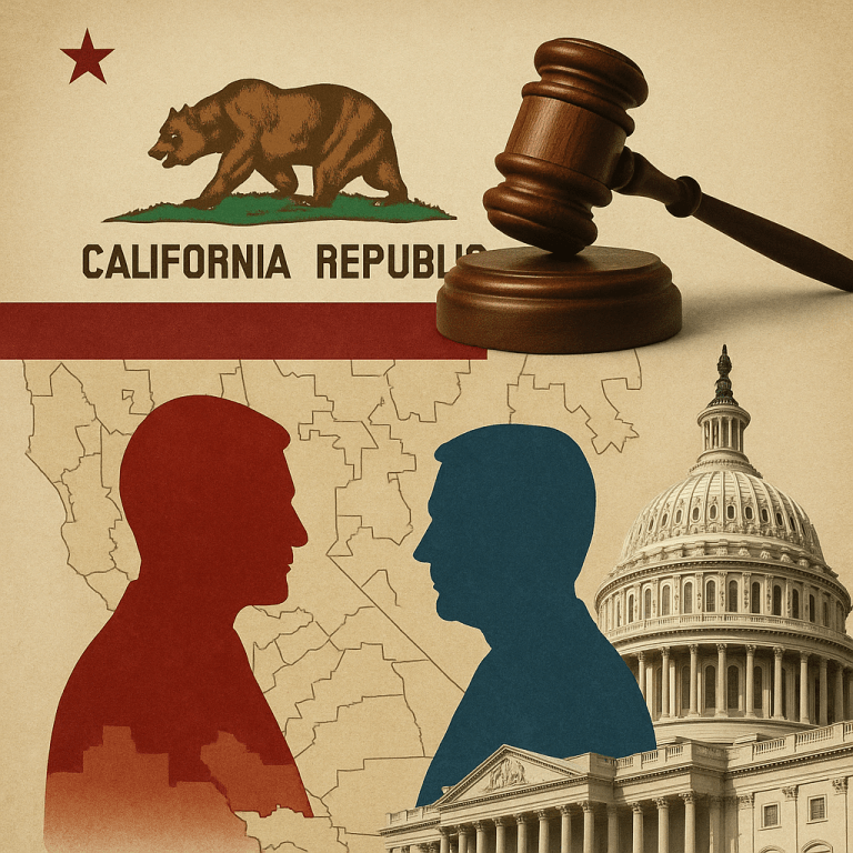 Symbolic illustration depicting California’s redistricting conflict, featuring the California Republic flag, a judge’s gavel, red and blue silhouettes representing political parties, and the U.S. Capitol building in the background.