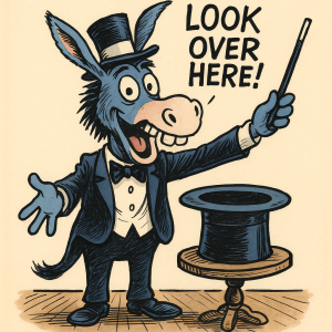 Editorial cartoon of the Democratic Party donkey dressed as a magician, pointing to a sign reading ‘Look Over Here!’ while standing beside a top hat on stage.