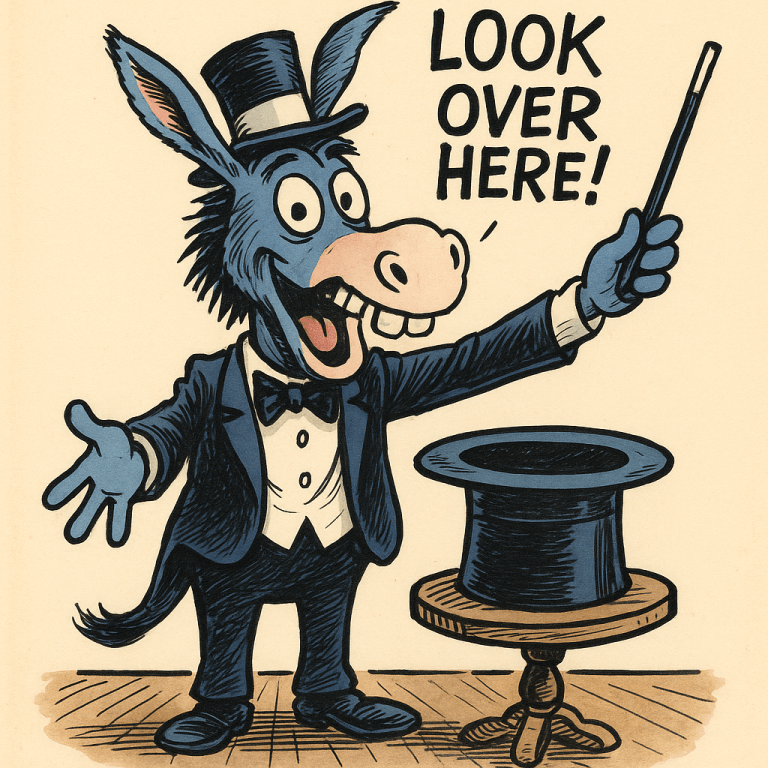 Editorial cartoon of the Democratic Party donkey dressed as a magician, pointing to a sign reading ‘Look Over Here!’ while standing beside a top hat on stage.