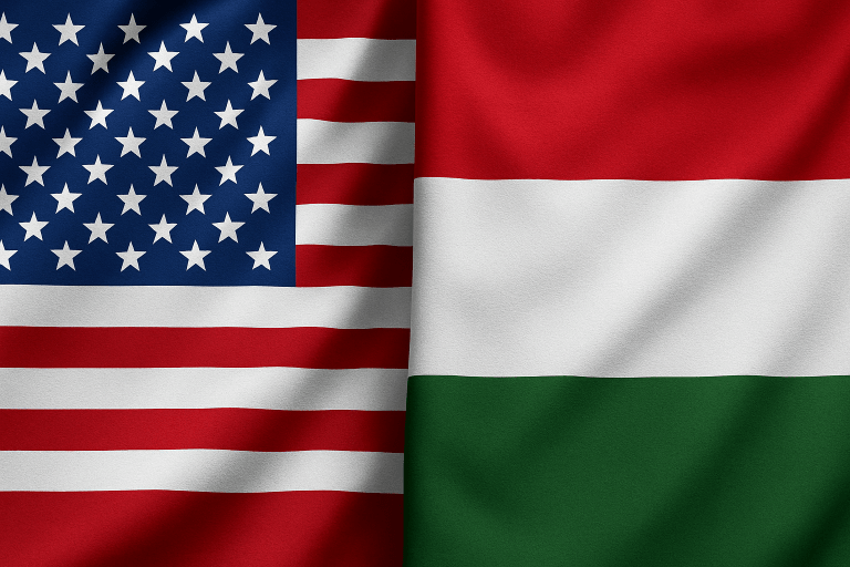 United States and Hungary flags side by side representing diplomatic cooperation during President Trump’s White House meeting with Hungarian Prime Minister Viktor Orbán.