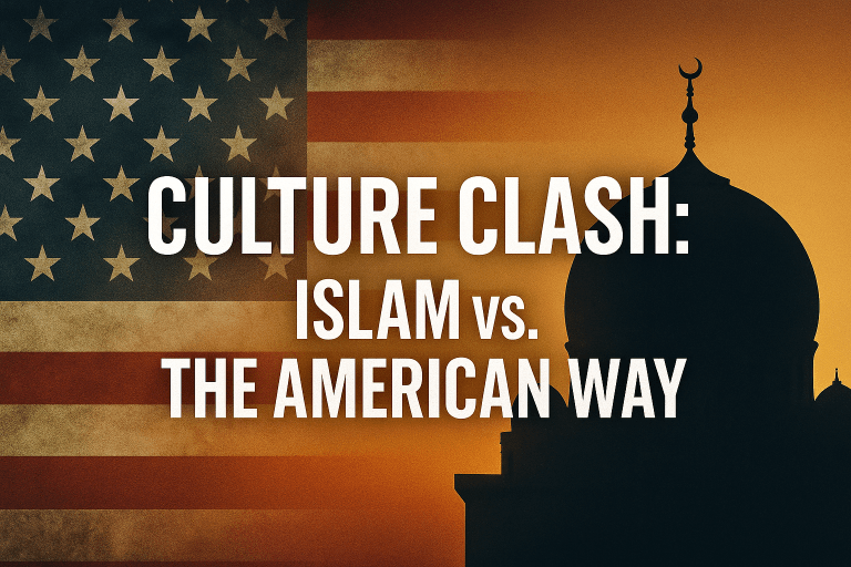 Symbolic clash between Islam and Western culture in America.
