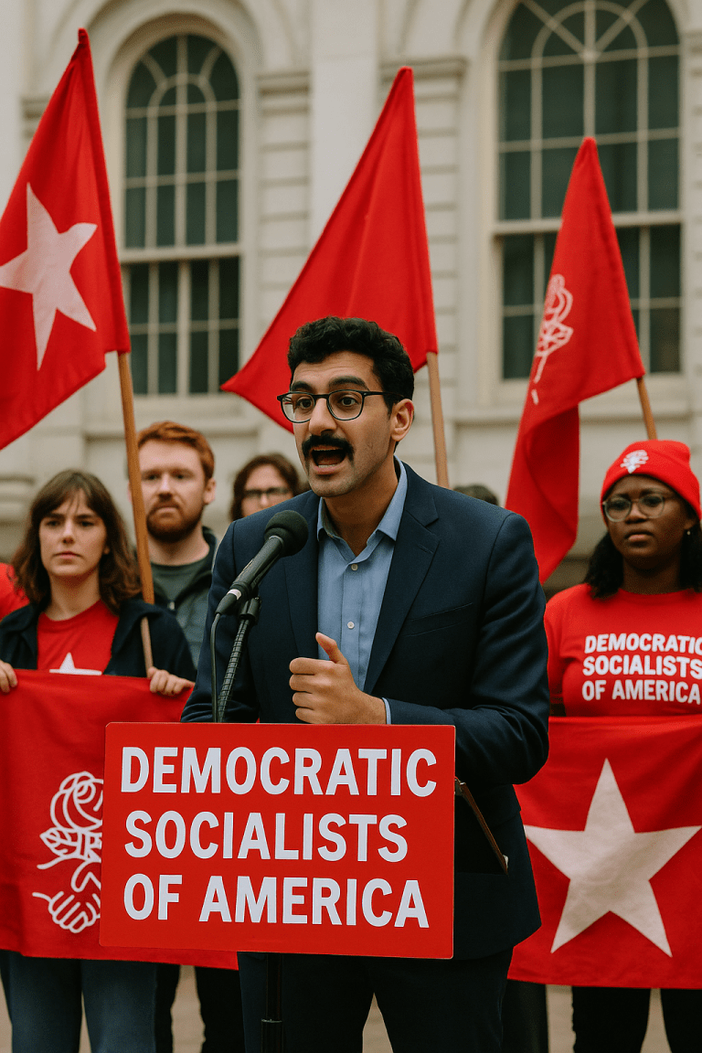 New York Assemblyman Zohran Mamdani speaking at a Democratic Socialists of America rally with supporters holding red flags and banners