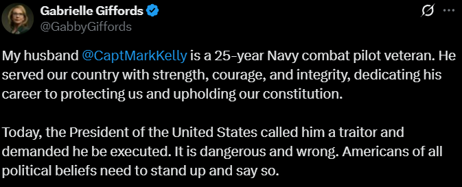 Screenshot of Gabby Giffords’ post defending her husband Mark Kelly, describing his Navy service and criticizing the President’s response to the lawmakers’ video.