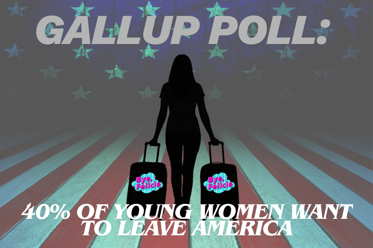 A silhouetted young woman stands with two suitcases labeled “Bye, Felicia” against a stylized American flag backdrop. Large headline text reads “Gallup Poll: 40% of Young Women Want to Leave America.”
