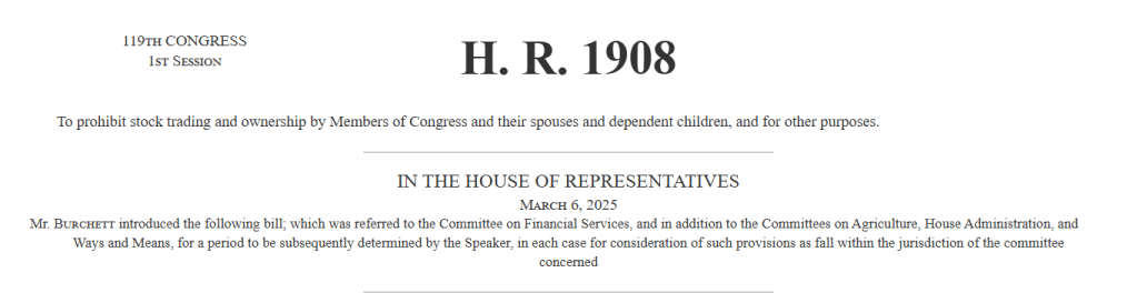 The introduction portion of H.R. 1908, the bill to "phohibit stock trading and ownership by Members of Congress".