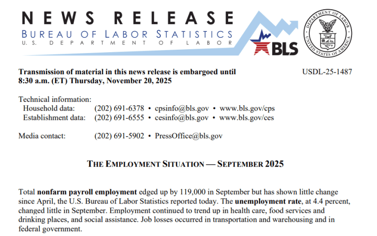 Screenshot of the BLS September 2025 Employment Situation report header with release details and federal labor statistics branding.