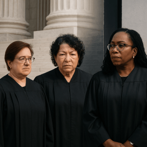 Liberal Supreme Court Justices Elena Kagan, Sonia Sotomayor, and Ketanji Brown Jackson standing on the steps of the U.S. Supreme Court, each displaying serious expressions amid reports of division within the liberal bloc.