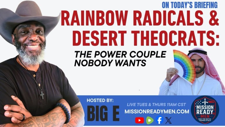 Big E smiling on the left with a cowboy hat, next to text reading Rainbow Radicals and Desert Theocrats, and a man in Middle Eastern attire holding a rainbow fan on the right.