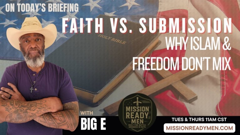 Big E standing in front of an American flag and a Bible with the title Faith vs Submission: Why Islam and Freedom Don’t Mix displayed on the screen.