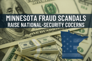 A graphic showing stacks of U.S. hundred-dollar bills with a blue silhouette of Minnesota, used to illustrate reporting on Minnesota fraud scandals and related national-security concerns.