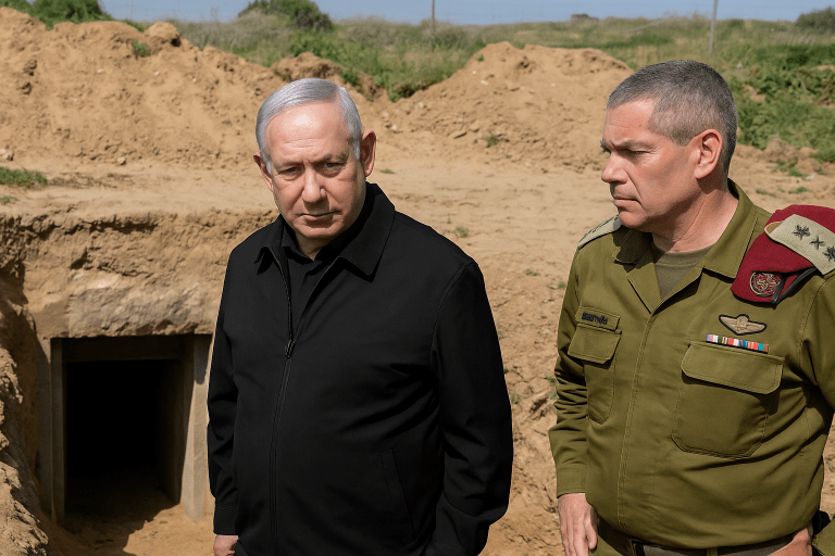 Israeli Prime Minister Benjamin Netanyahu and IDF Chief of Staff Eyal Zamir stand near a Hamas tunnel entrance in southern Gaza during inspection
