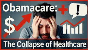 A frustrated man holds his head with red arrows and medical icons behind him, symbolizing the collapse of Obamacare and rising healthcare costs.