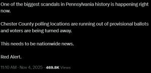 Screenshot of Scott Presler post on X stating Chester County polling locations are running out of provisional ballots and voters are being turned away.