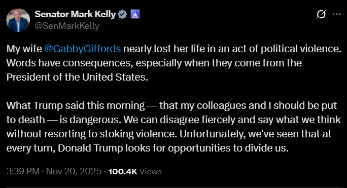Screenshot of Senator Mark Kelly’s post referencing Gabby Giffords’ near fatal shooting and claiming the President’s comments about the video were dangerous and divisive.  Description: Image showing Senator Mark Kelly’s second public statement following backla