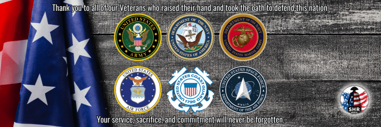 SHR Media Veterans Day banner with U.S. military branch emblems and thank you message.