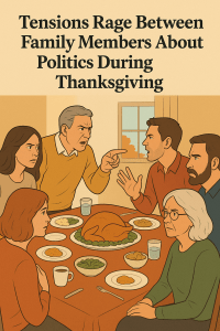 Family arguing at a Thanksgiving dinner table with visible political tension between relatives