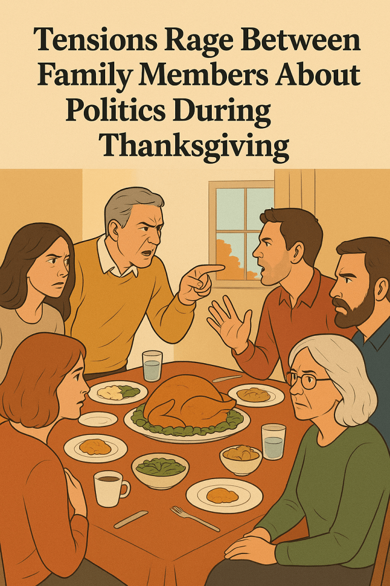 Family arguing at a Thanksgiving dinner table with visible political tension between relatives