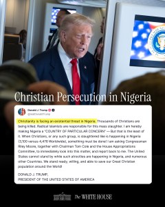 President Donald Trump delivers remarks on the persecution of Christians in Nigeria, as shown in the official White House release featuring his statement declaring Nigeria a “Country of Particular Concern.”